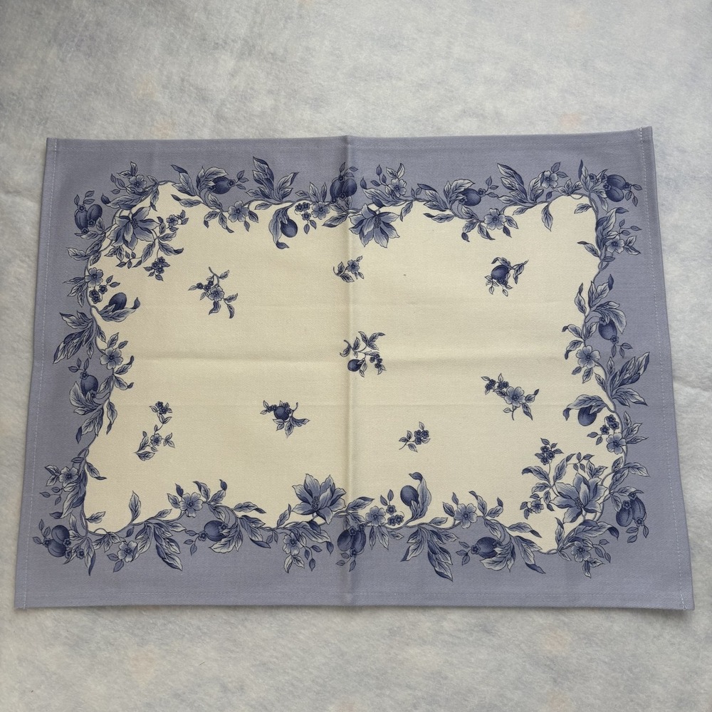 WEDGWOOD Placemat Floral Fruit Border Cotton Blue Cream Traditional 17x13"